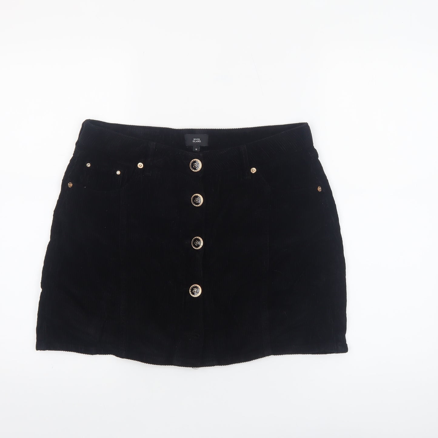 River Island Women’s Black Corduroy A-Line Button Skirt Size 10