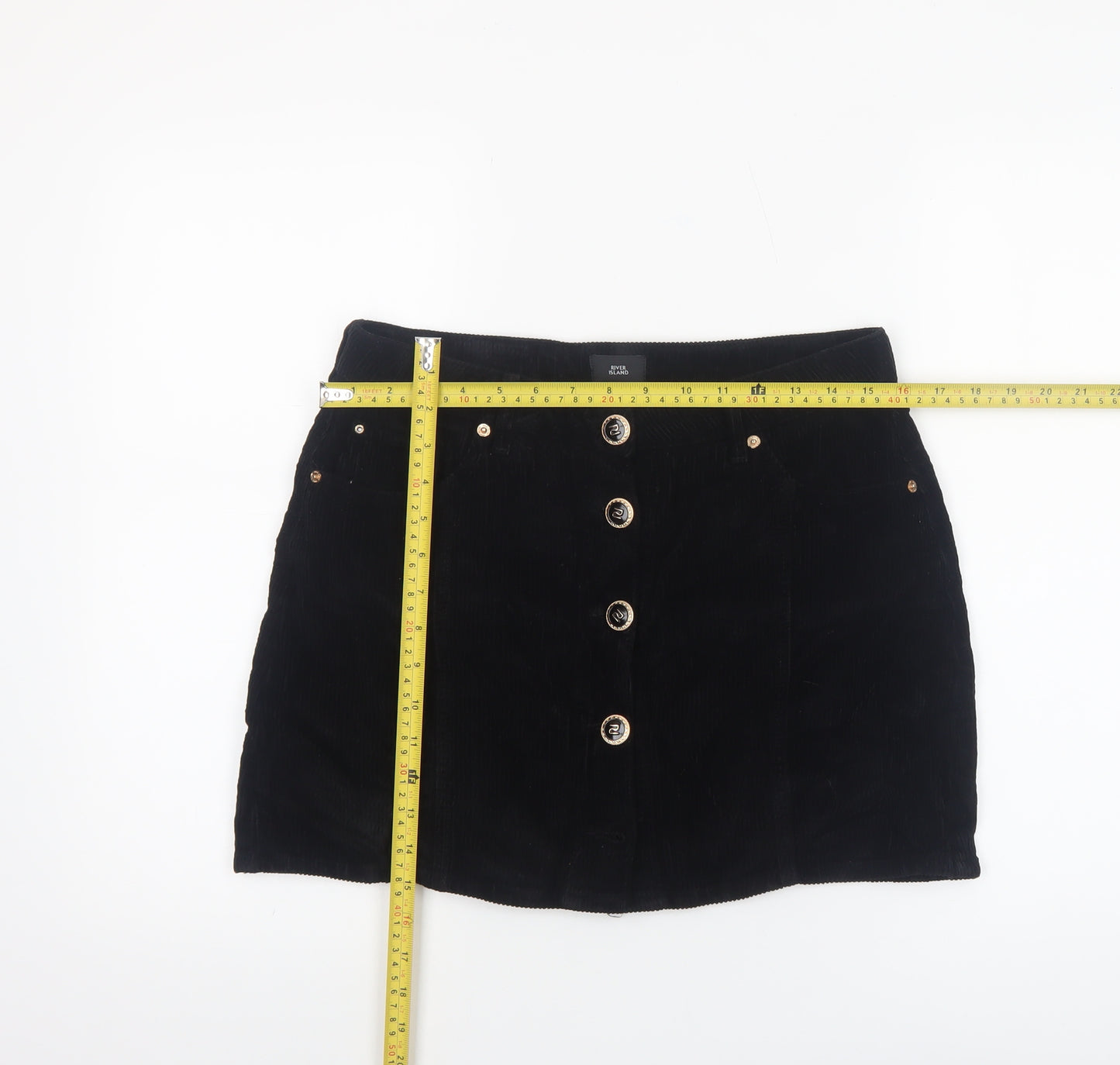 River Island Women’s Black Corduroy A-Line Button Skirt Size 10