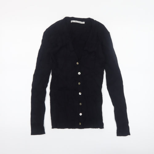 Zara Women Black V-Neck Slim Fit Knit Cardigan Size M