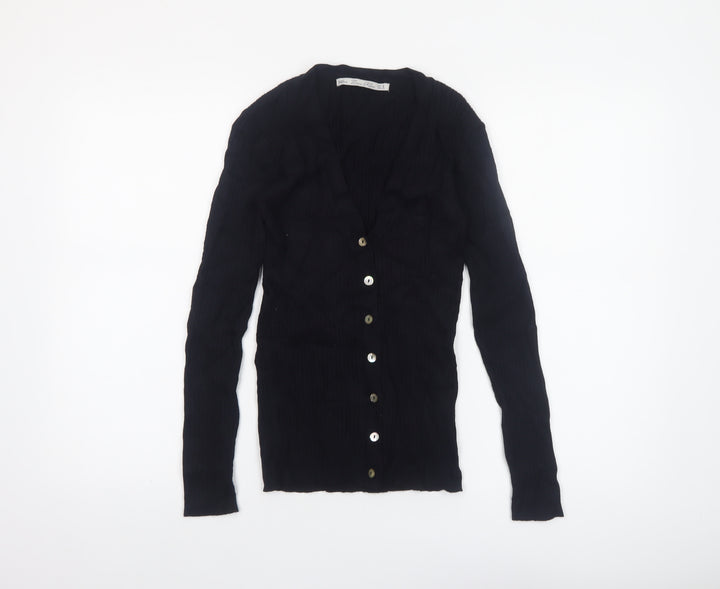 Zara Women Black V-Neck Slim Fit Knit Cardigan Size M
