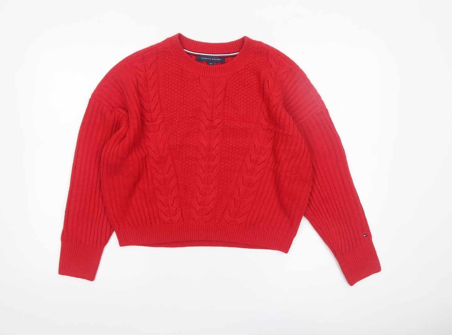 Tommy Hilfiger Women’s Red Cable Knit Jumper Size S Crew Neck