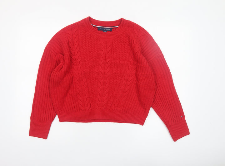 Tommy Hilfiger Women’s Red Cable Knit Jumper Size S Crew Neck