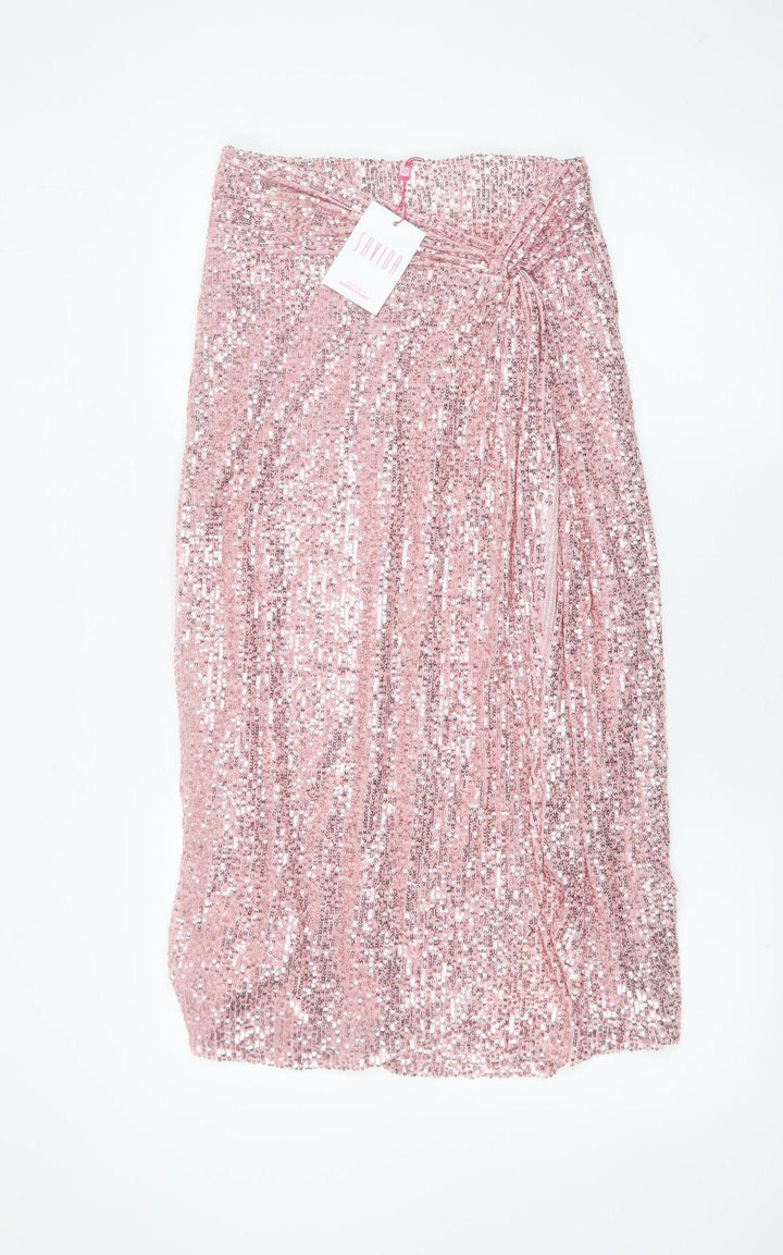 Savida Women Pink Sequin Midi Skirt Small Polyester Partywear