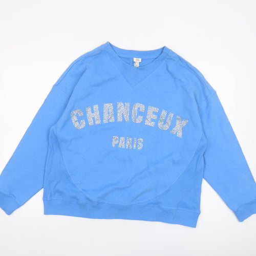 River Island Women Blue Medium Pullover Sweatshirt with Rhinestone Logo