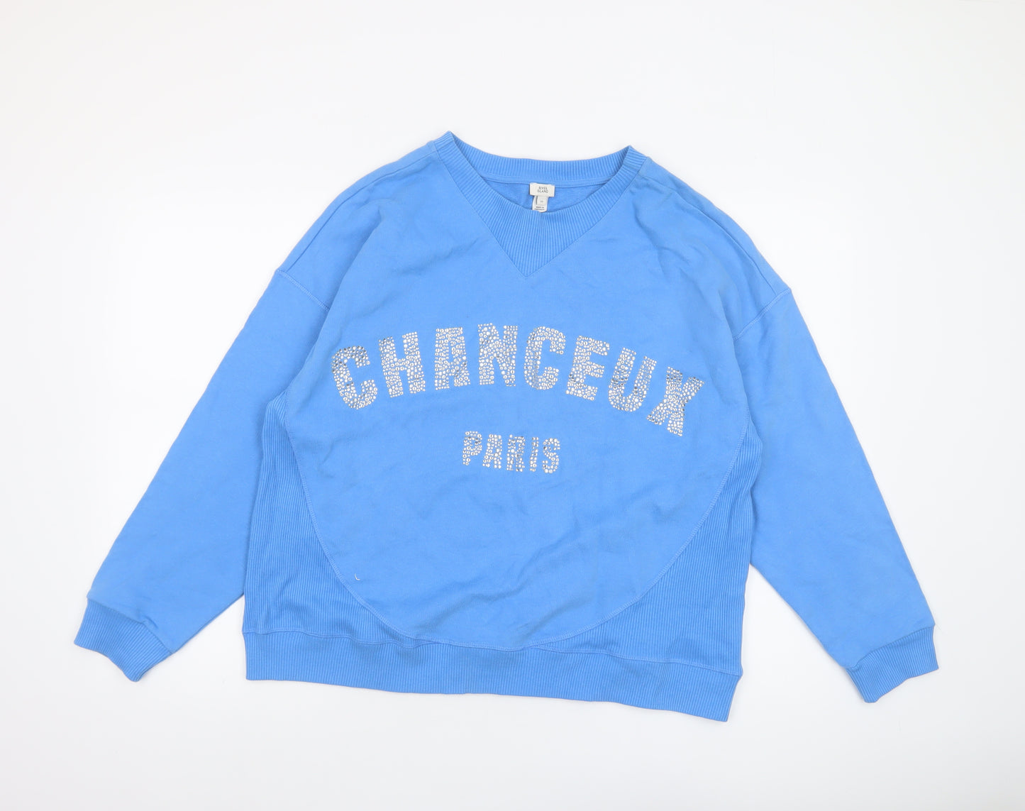 River Island Women Blue Medium Pullover Sweatshirt with Rhinestone Logo