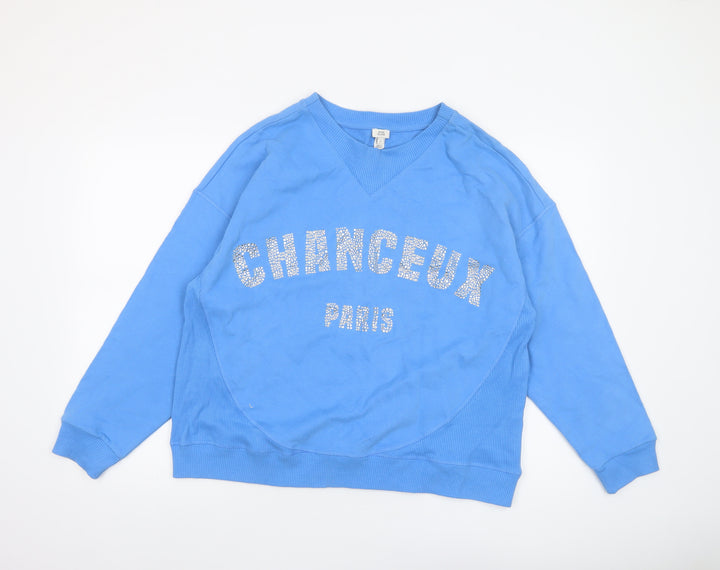 River Island Women Blue Medium Pullover Sweatshirt with Rhinestone Logo
