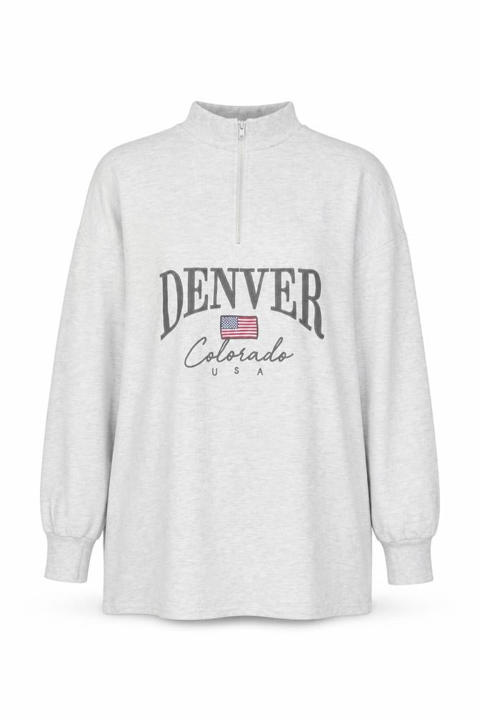 Front view of ASOS Design Women Grey 1/4 Zip Denver Graphic Sweatshirt, size 14