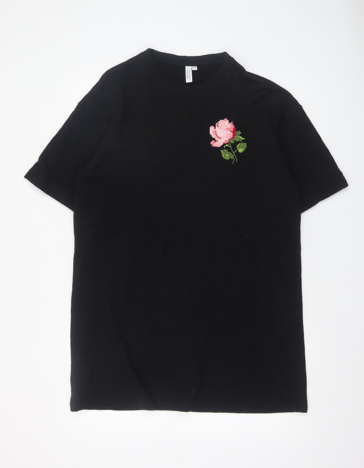 & Other Stories Women Black Embroidered Rose T-Shirt Dress S