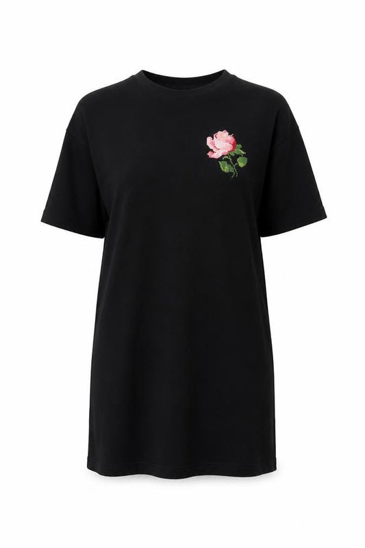 Front view of & Other Stories Women Black Embroidered Rose T-Shirt Dress S