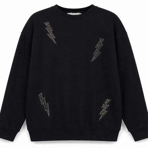 Mango Kids Girls Black 13-14 Years Lightning Embroidered Pullover Sweatshirt