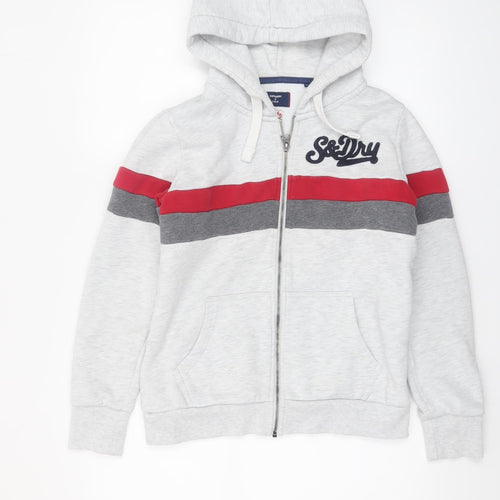 Superdry Women Grey Full Zip Hoodie UK 12 Osaka Logo Lined Casual Sweatshirt