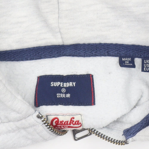 Superdry Women Grey Full Zip Hoodie UK 12 Osaka Logo Lined Casual Sweatshirt