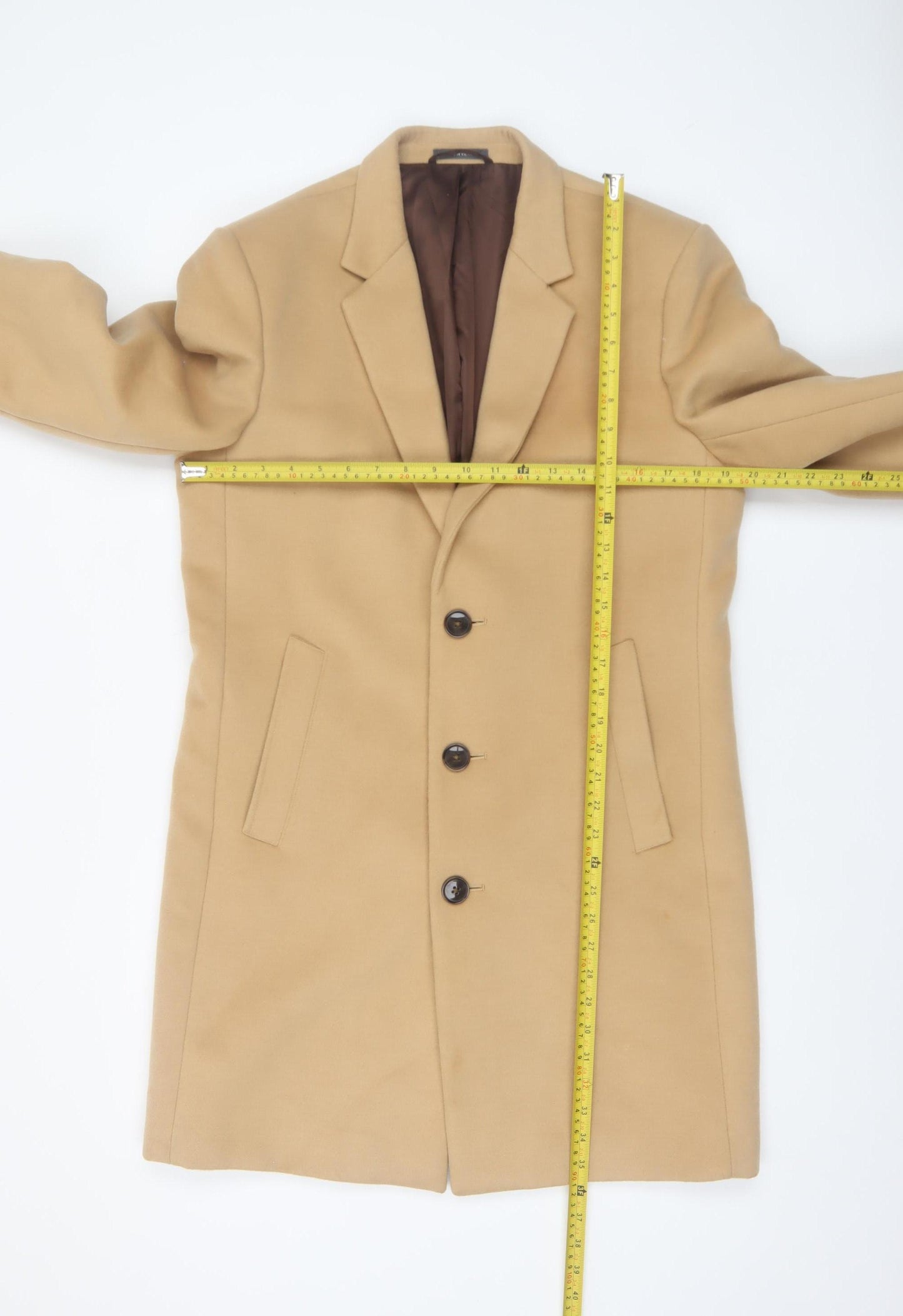 Primark Men's Beige Wool Blend Overcoat Medium Single Breasted Smart Jacket