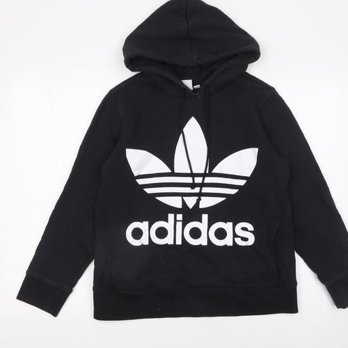 Adidas Womens Black Pullover Hoodie UK 8 Cotton Logo Hooded Sweatshirt
