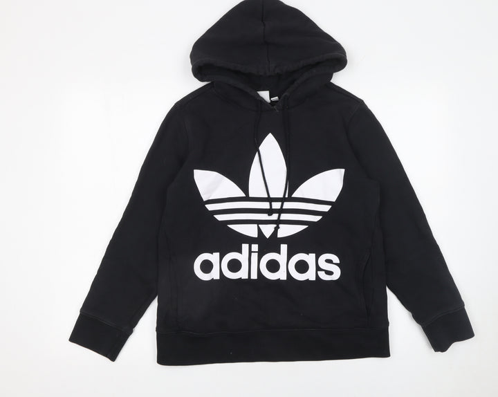 Adidas Womens Black Pullover Hoodie UK 8 Cotton Logo Hooded Sweatshirt