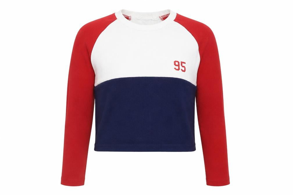 Urban Outfitters Womens Red White Blue Cropped Long Sleeve Colourblock T-Shirt Size S