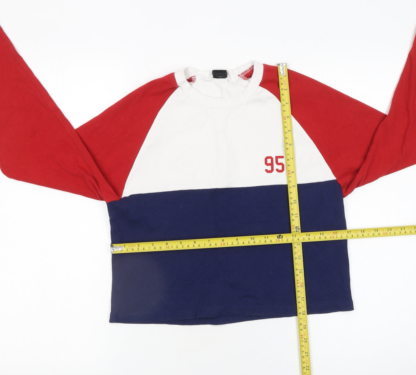 Urban Outfitters Womens Red White Blue Cropped Long Sleeve Colourblock T-Shirt Size S