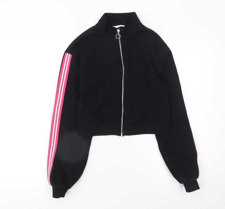 Matalan Girls Black Full Zip Hoodie 14 Years Pink Stripe Trim
