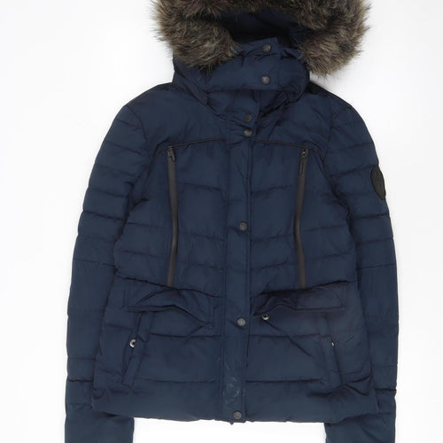 Superdry Women's Blue Faux Fur Hooded Puffer Jacket Size 10