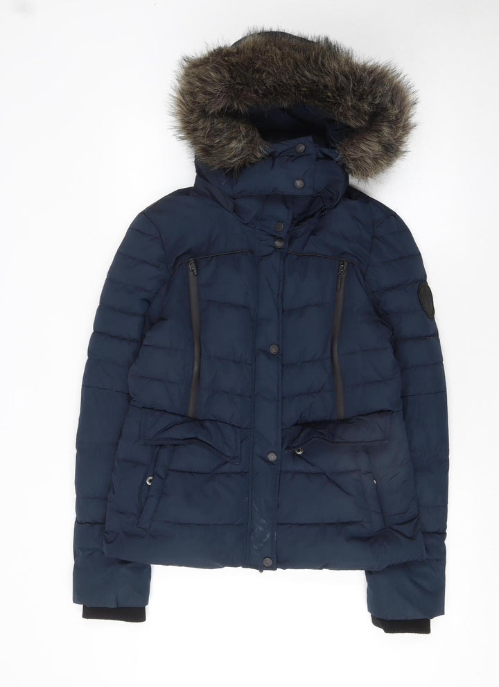 Superdry Women's Blue Faux Fur Hooded Puffer Jacket Size 10