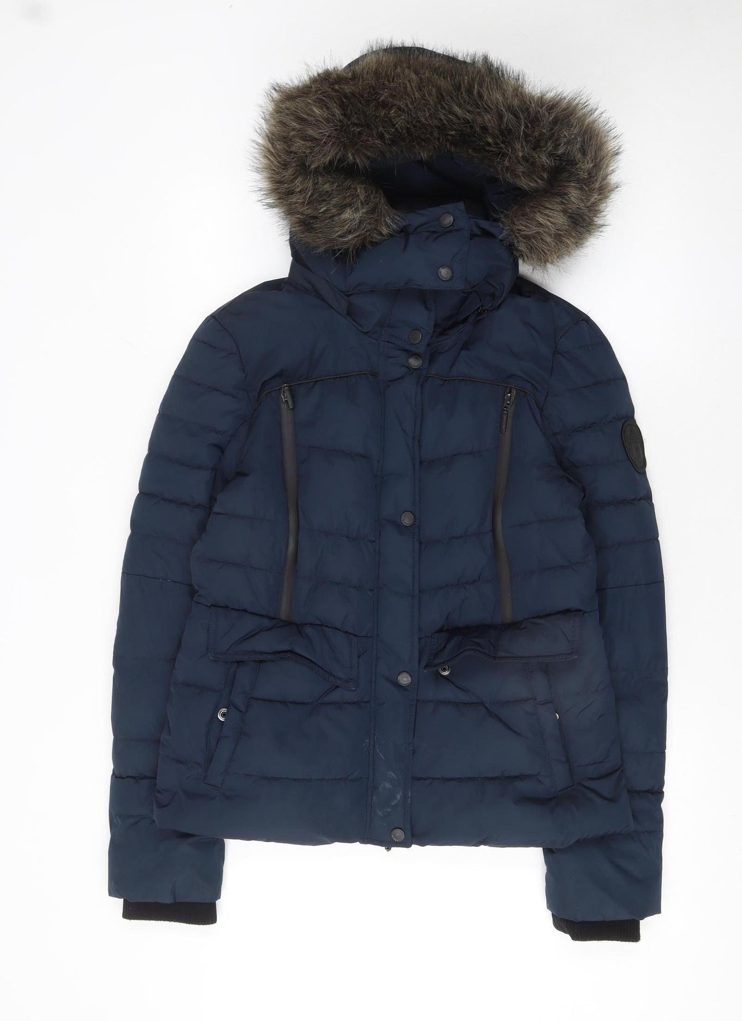 Superdry Women's Blue Faux Fur Hooded Puffer Jacket Size 10