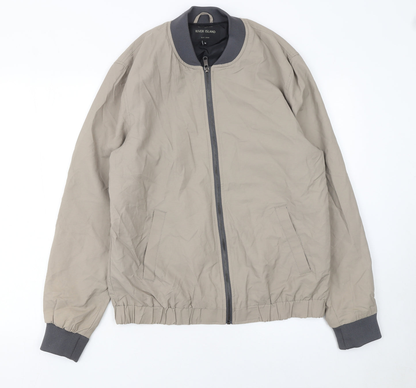 River Island Men's Beige Bomber Jacket M Cotton Nylon Full Zip