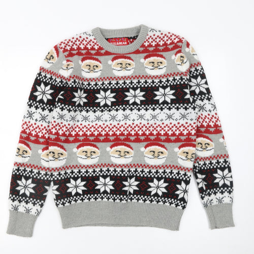 Pull&Bear Men Grey Santa Fair Isle Christmas Jumper Size S
