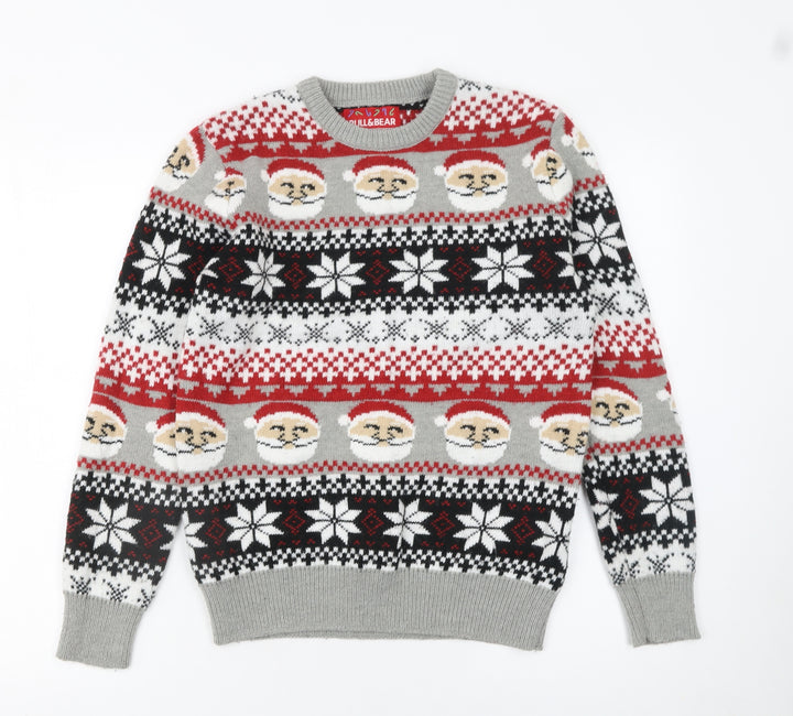 Pull&Bear Men Grey Santa Fair Isle Christmas Jumper Size S