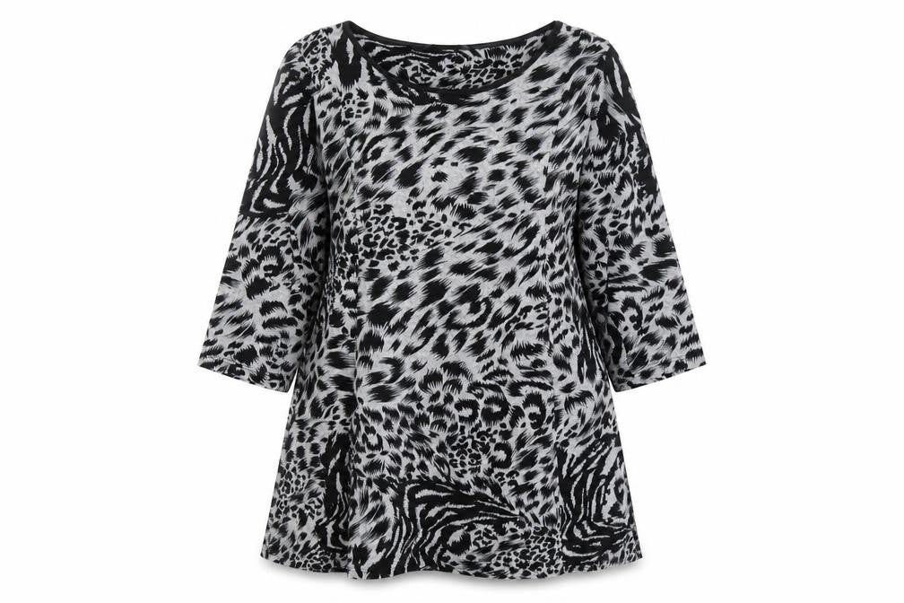 Front view of Marks & Spencer women’s black animal print tunic top, size UK 10