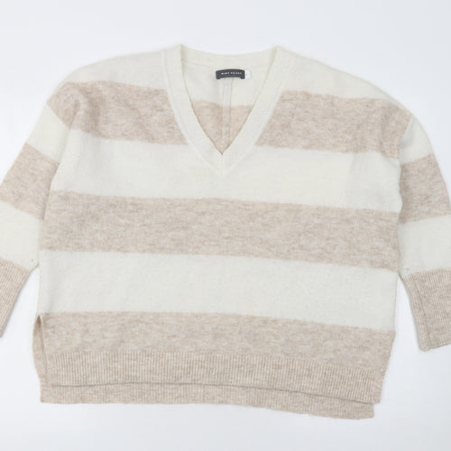 Mint Velvet Women’s Beige Striped Alpaca Blend V-Neck Jumper M