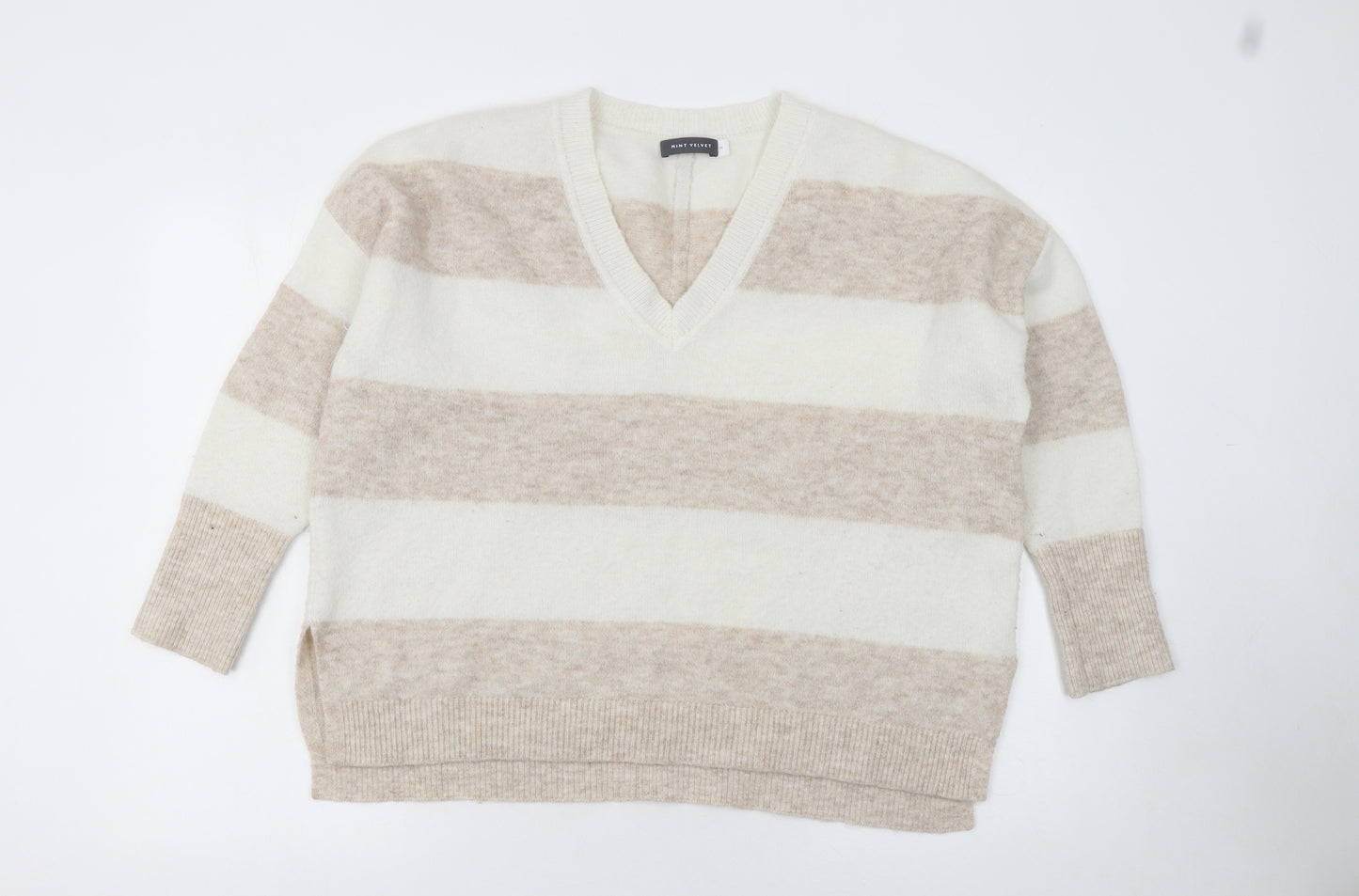 Mint Velvet Women’s Beige Striped Alpaca Blend V-Neck Jumper M