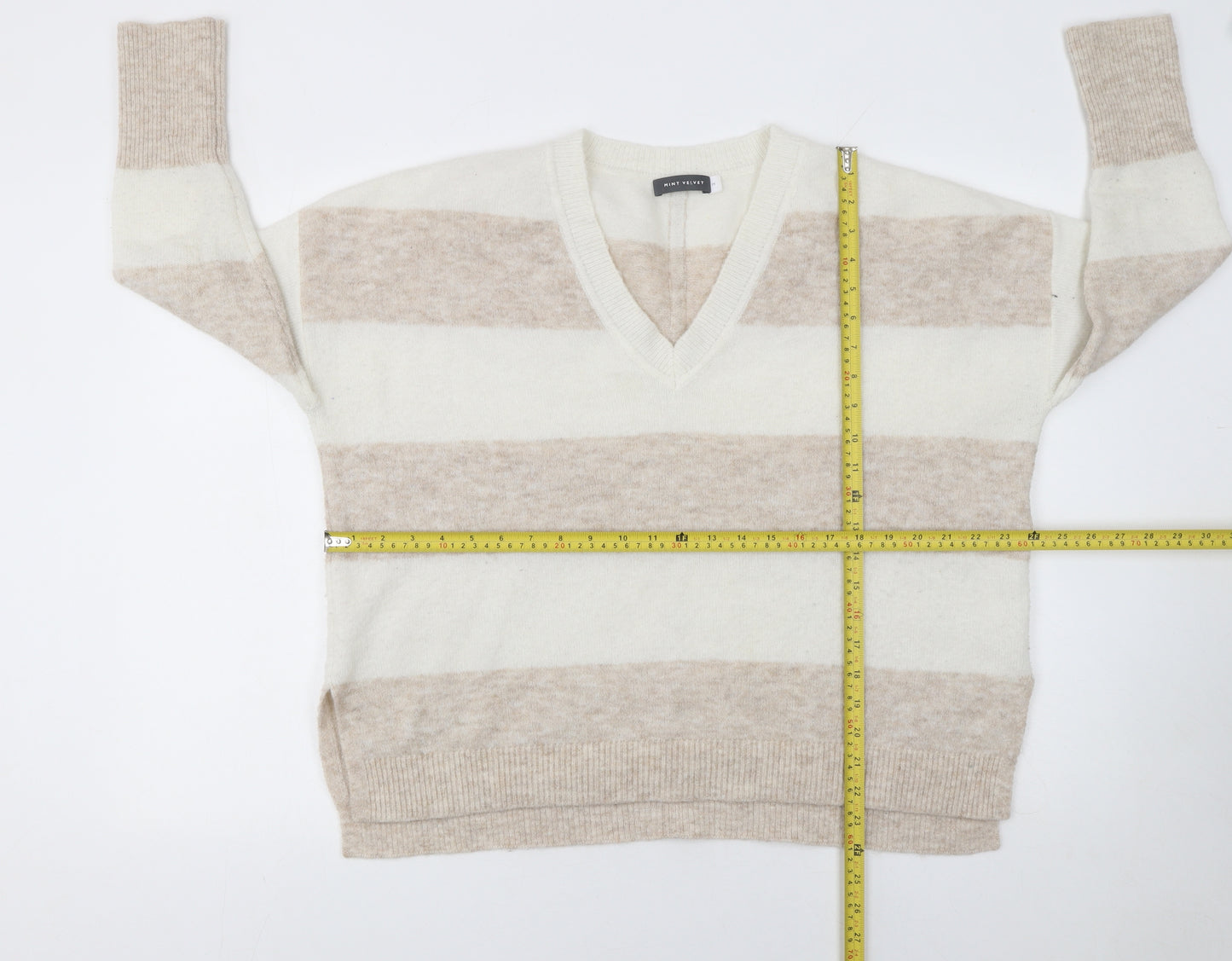 Mint Velvet Women’s Beige Striped Alpaca Blend V-Neck Jumper M