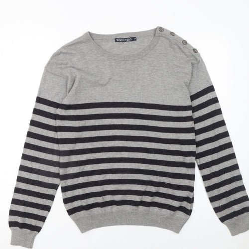 WoolOvers Womens Grey Striped Crew Neck Cotton Cashmere Jumper XS