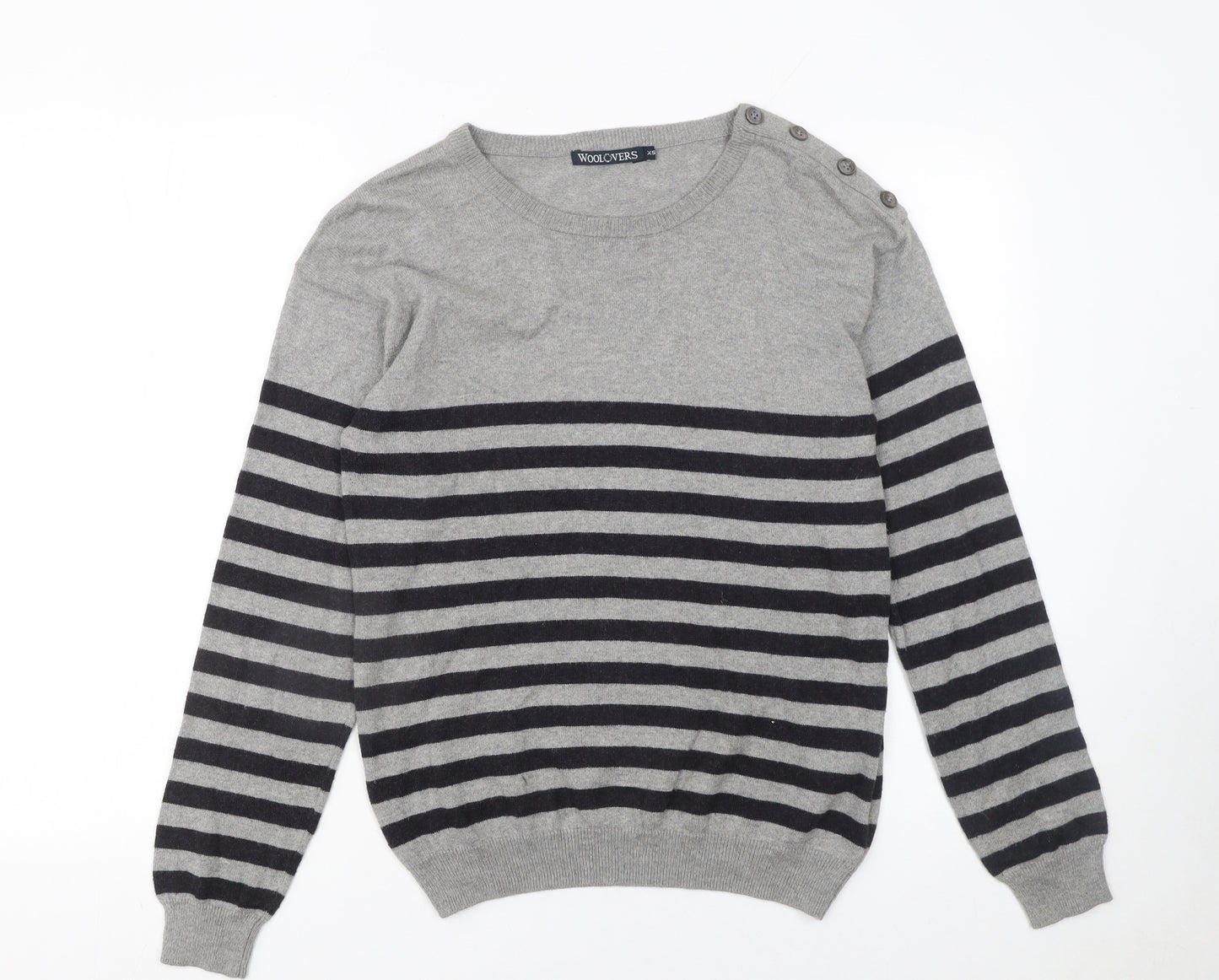 WoolOvers Womens Grey Striped Crew Neck Cotton Cashmere Jumper XS