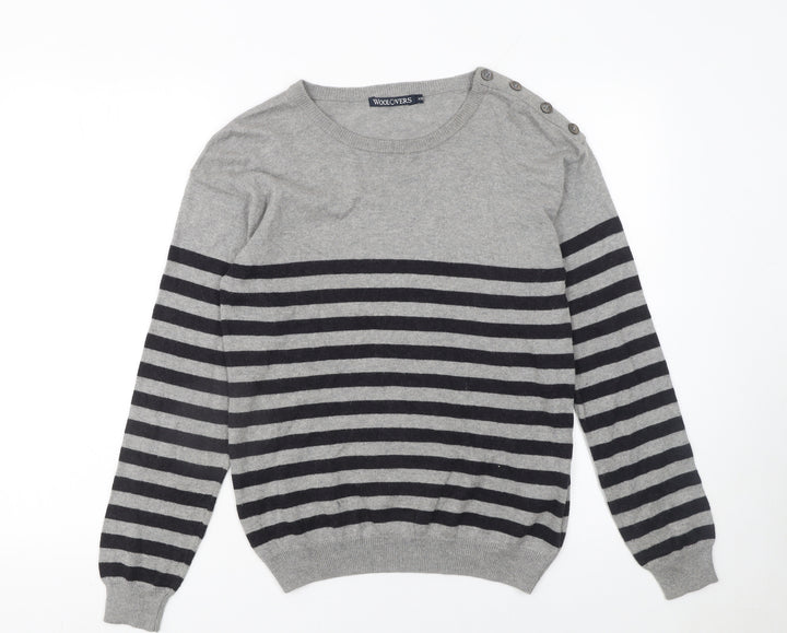 WoolOvers Womens Grey Striped Crew Neck Cotton Cashmere Jumper XS