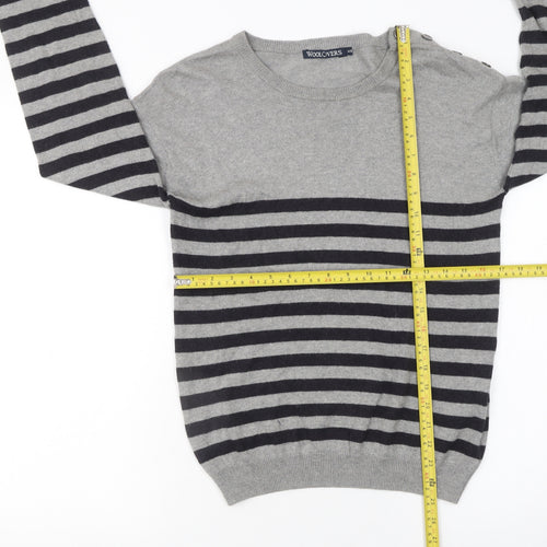 WoolOvers Womens Grey Striped Crew Neck Cotton Cashmere Jumper XS