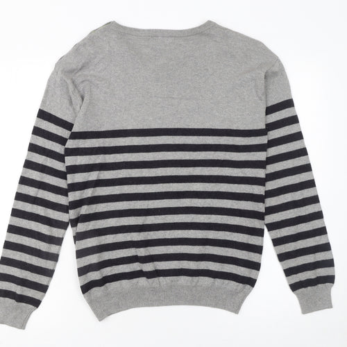 WoolOvers Womens Grey Striped Crew Neck Cotton Cashmere Jumper XS