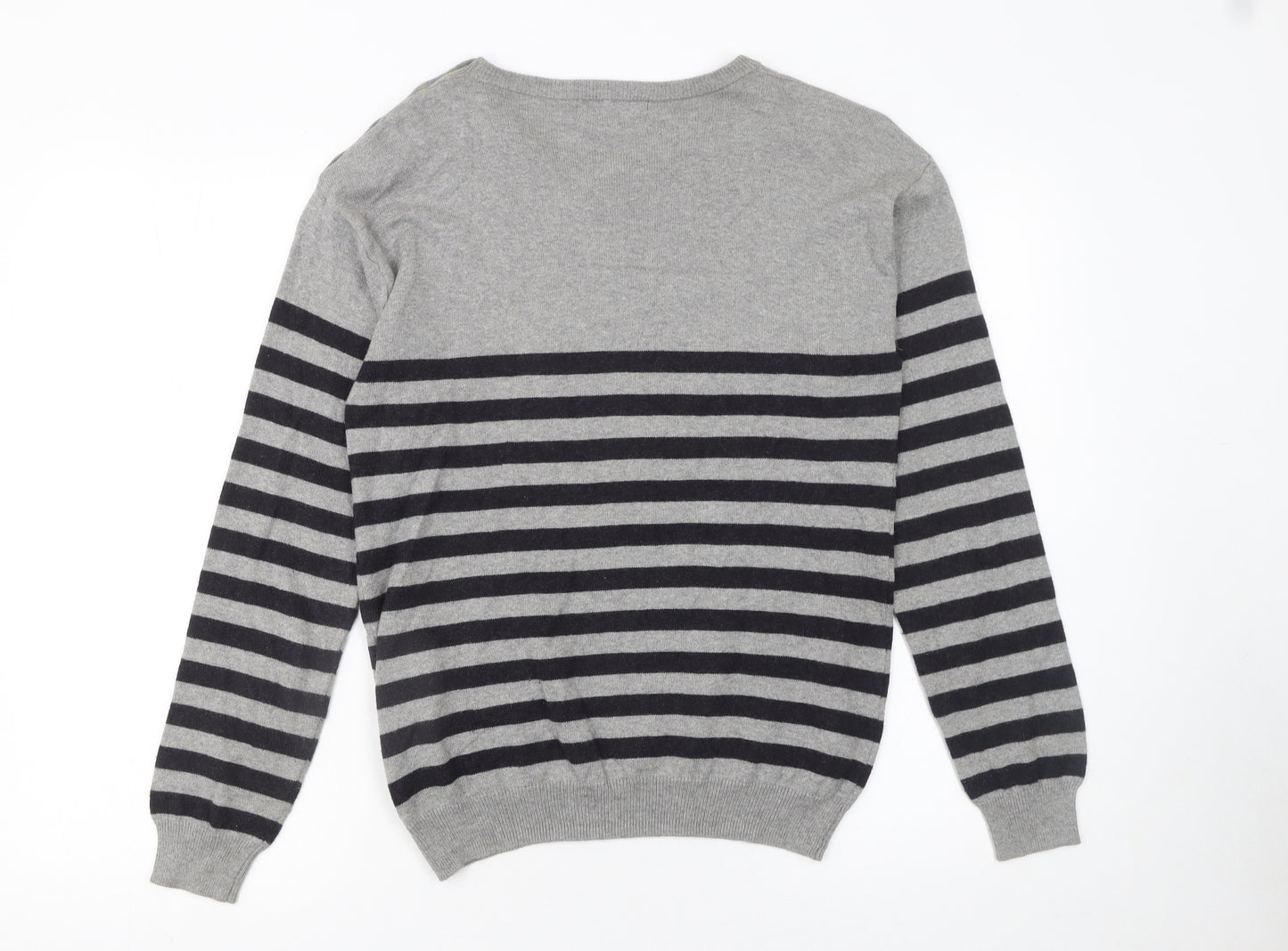 WoolOvers Womens Grey Striped Crew Neck Cotton Cashmere Jumper XS