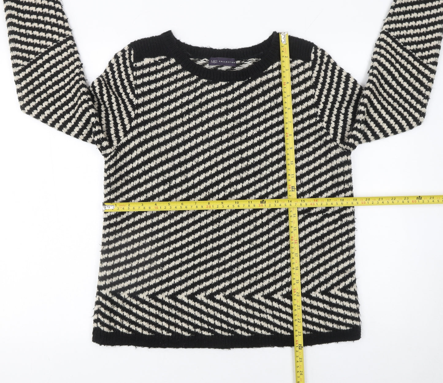 Marks and Spencer Women Black & White Striped Jumper Size 14 Mohair Blend