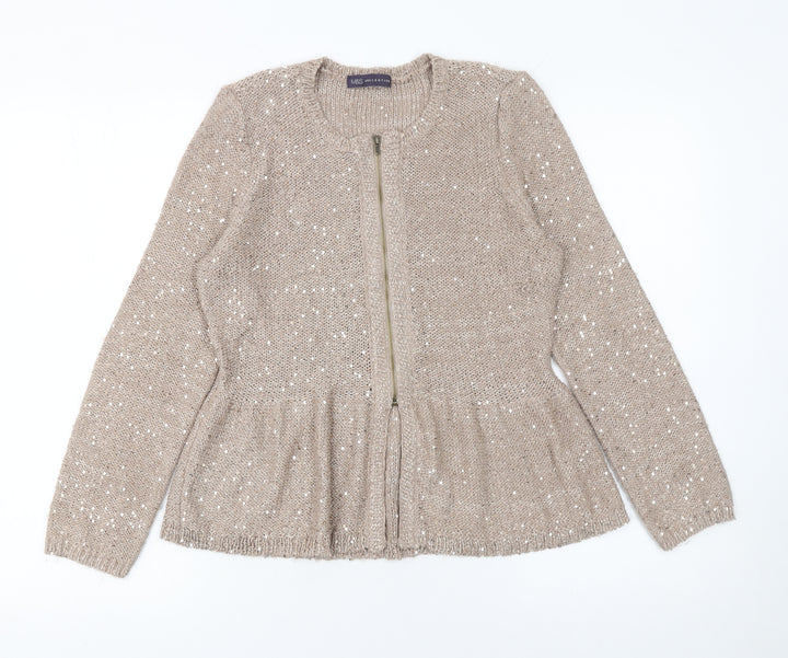Marks and Spencer Women’s Beige Sequin Zip Knit Cardigan Size 12