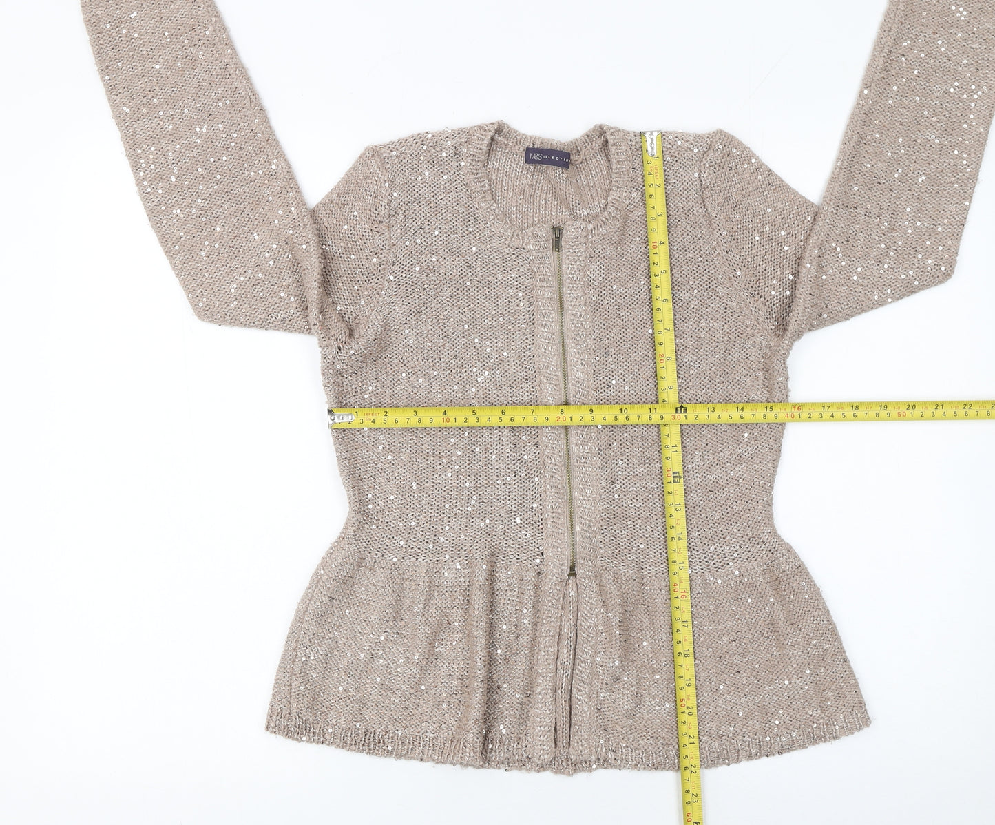 Marks and Spencer Women’s Beige Sequin Zip Knit Cardigan Size 12