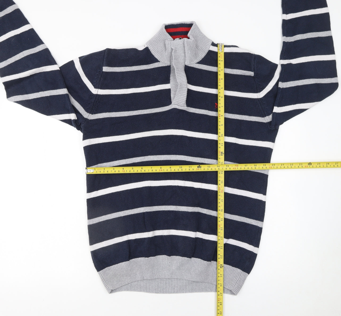 Crew Clothing Company Men's Blue Striped 1/2 Zip Cotton Jumper Size L