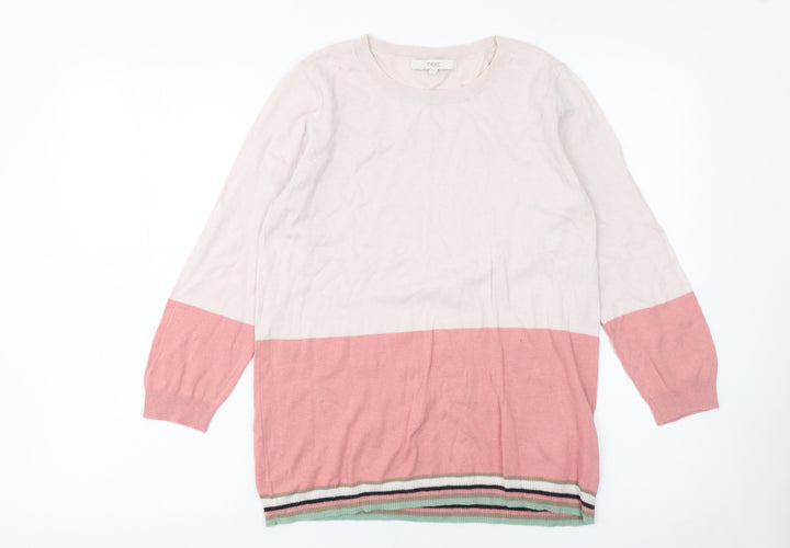 Next Women Pink Colour Block Crew Neck Cotton Knit Jumper Size 12