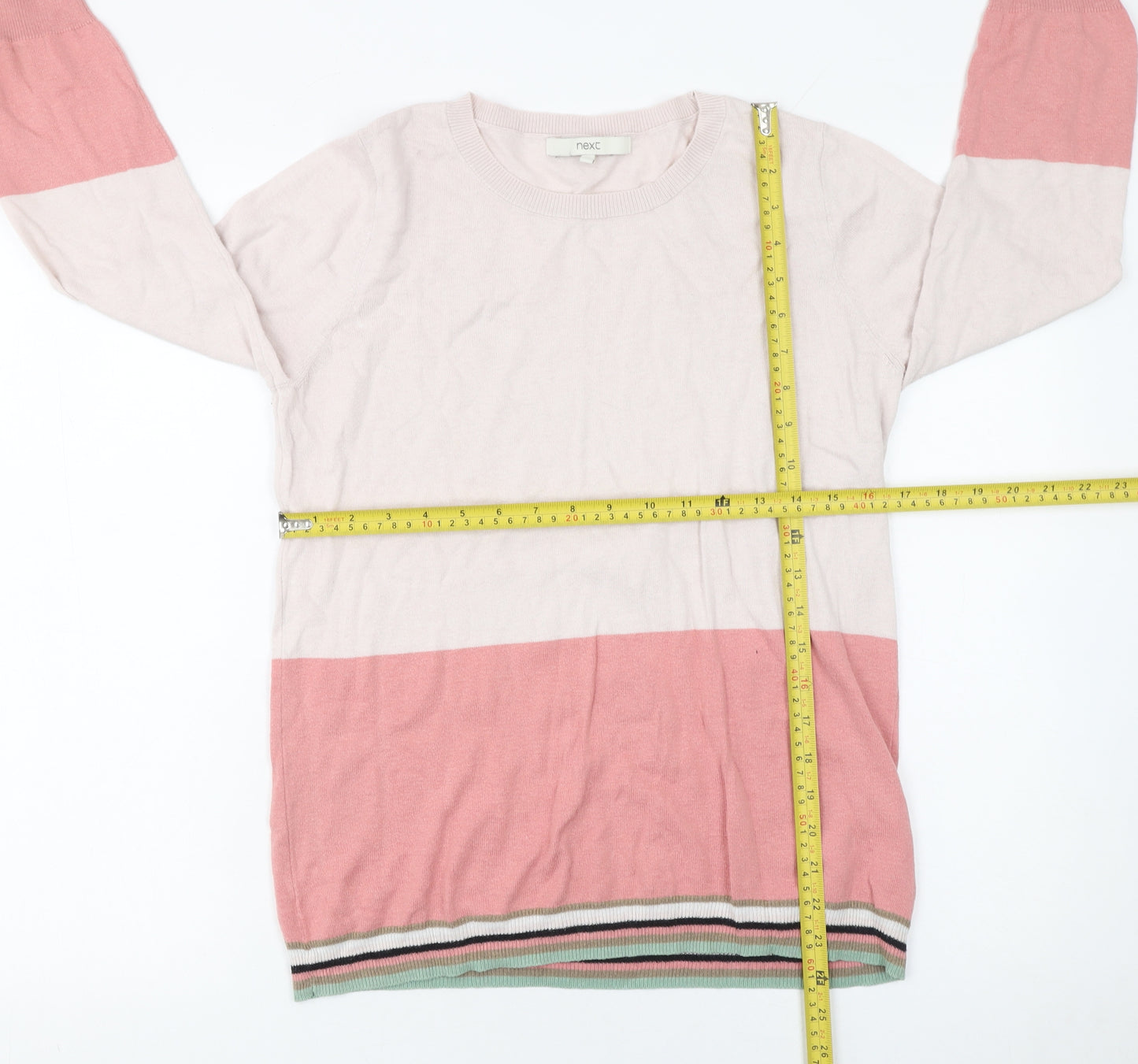 Next Women Pink Colour Block Crew Neck Cotton Knit Jumper Size 12