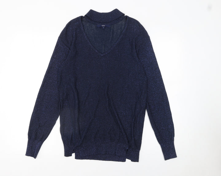 Next Women Blue V-Neck Glitter Knit Jumper Size 8