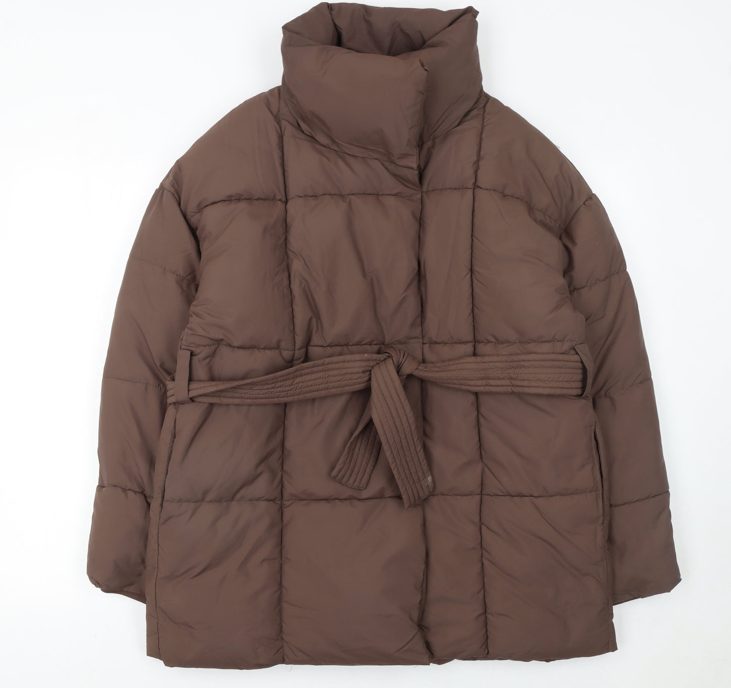 Go.G.G Women Brown Belted Puffer Coat M Mid-Length Quilted Winter Jacket
