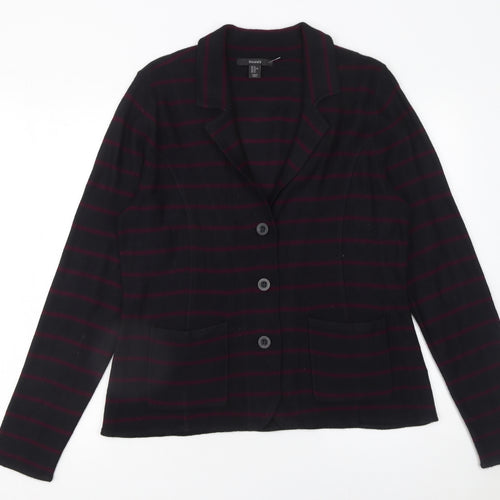 Tahari Women Black XL Striped Collared Button Knit Cardigan