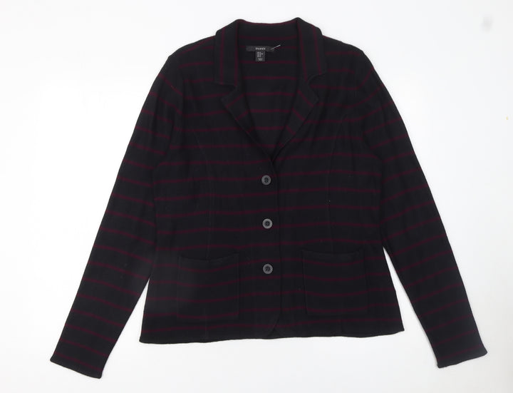 Tahari Women Black XL Striped Collared Button Knit Cardigan