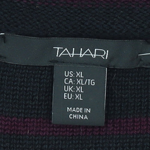 Tahari Women Black XL Striped Collared Button Knit Cardigan