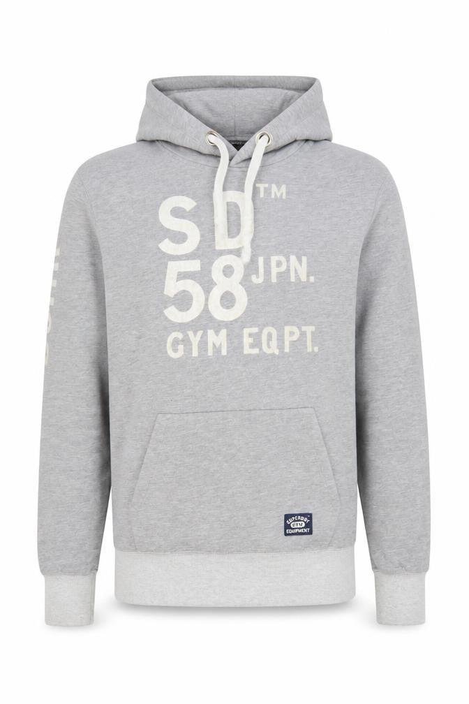 Front view of Superdry Men's Grey Pullover Hoodie Large Gym Graphic Print